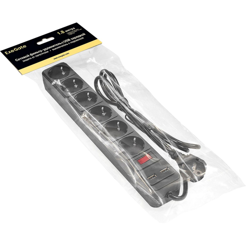 Сетевой фильтр ExeGate SP-6-USB-1.8B 6р/1,8м, 2 USB, черный(EX295492RUS) - фото 2