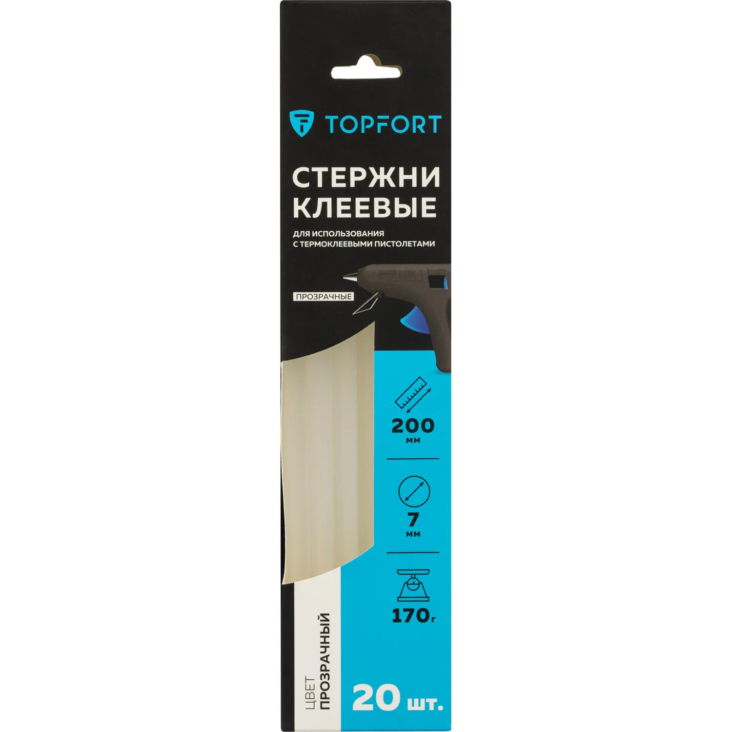 Стержни клеевые прозрачные 7x200, упаковка 20 штук, Topfort - фото 1