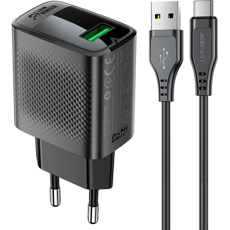 Зарядное устройство сетевое ACEFAST (AF-A90P3-BK)QC18W GaN USB-A с каб - фото 2