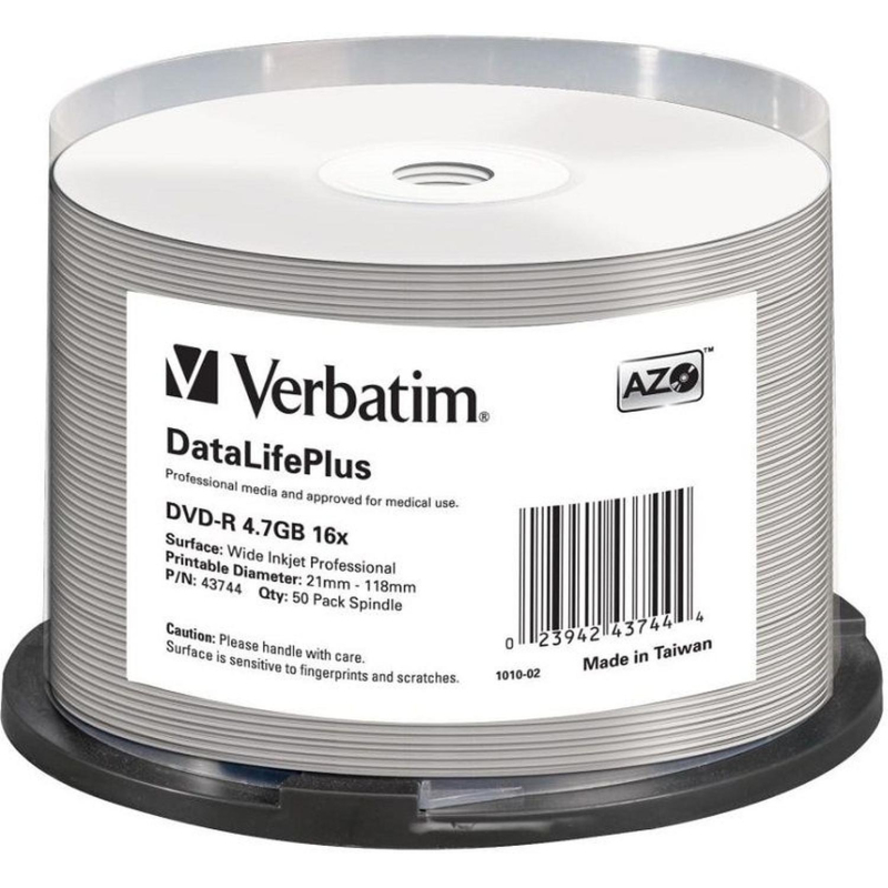 Носители информации DVD-R Verbatim 4.7Gb 16x Cake 50шт/уп Printable (43744) - фото 1