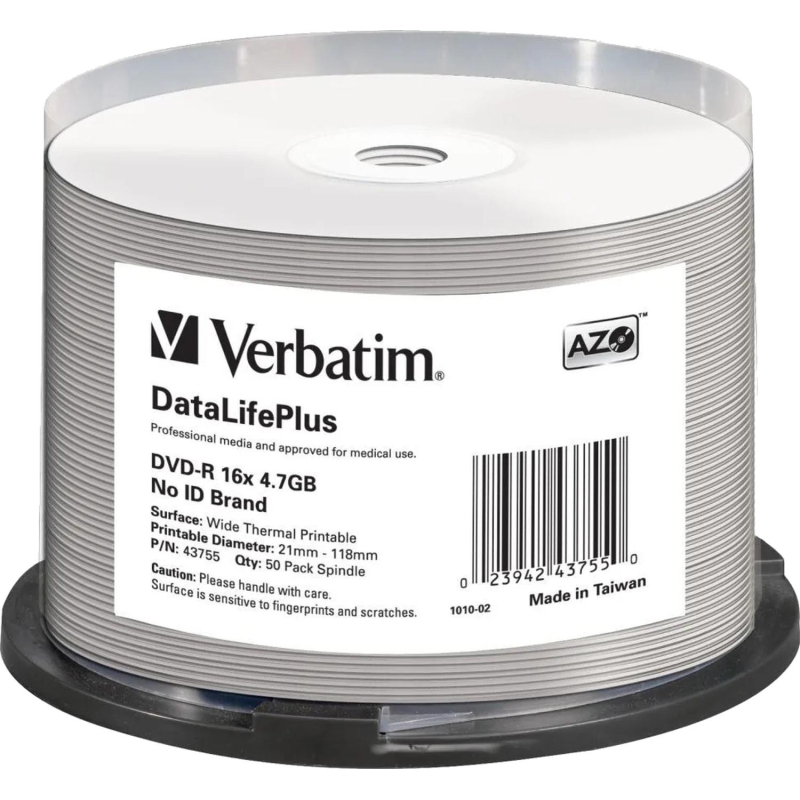 Носители информации DVD-R Verbatim 4.7Gb 16x Cake 50шт/уп Printable (43755) - фото 1