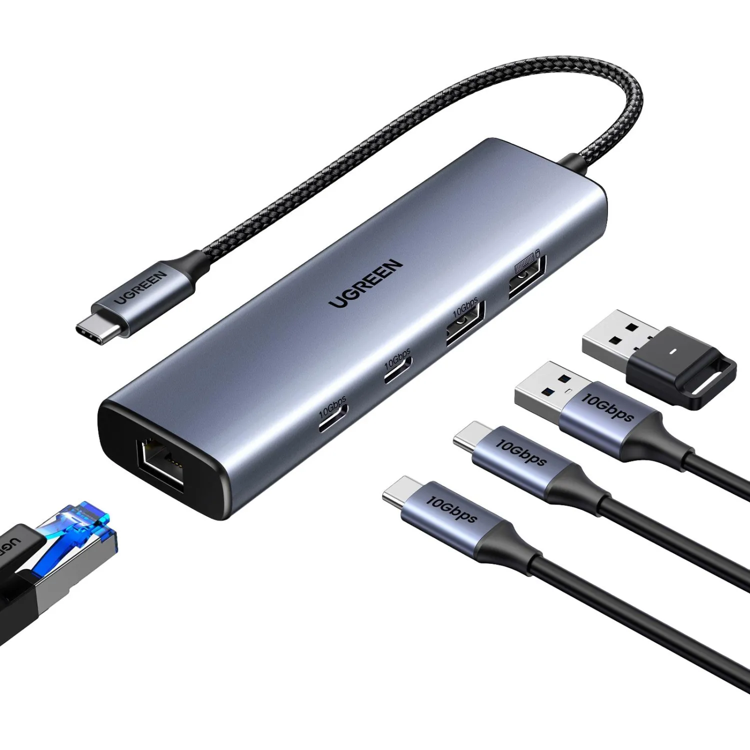 Разветвитель USB UGREENCM512(45320)USB-C to2xUSB-A/2xUSB-C/RJ45/USB-C-PD,ср - фото 2