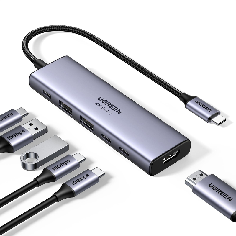 Разветвитель USB UGREEN CM511 (35999) USB-C to HDMI/2xUSB-A/2xUSB-C/PD сер - фото 2