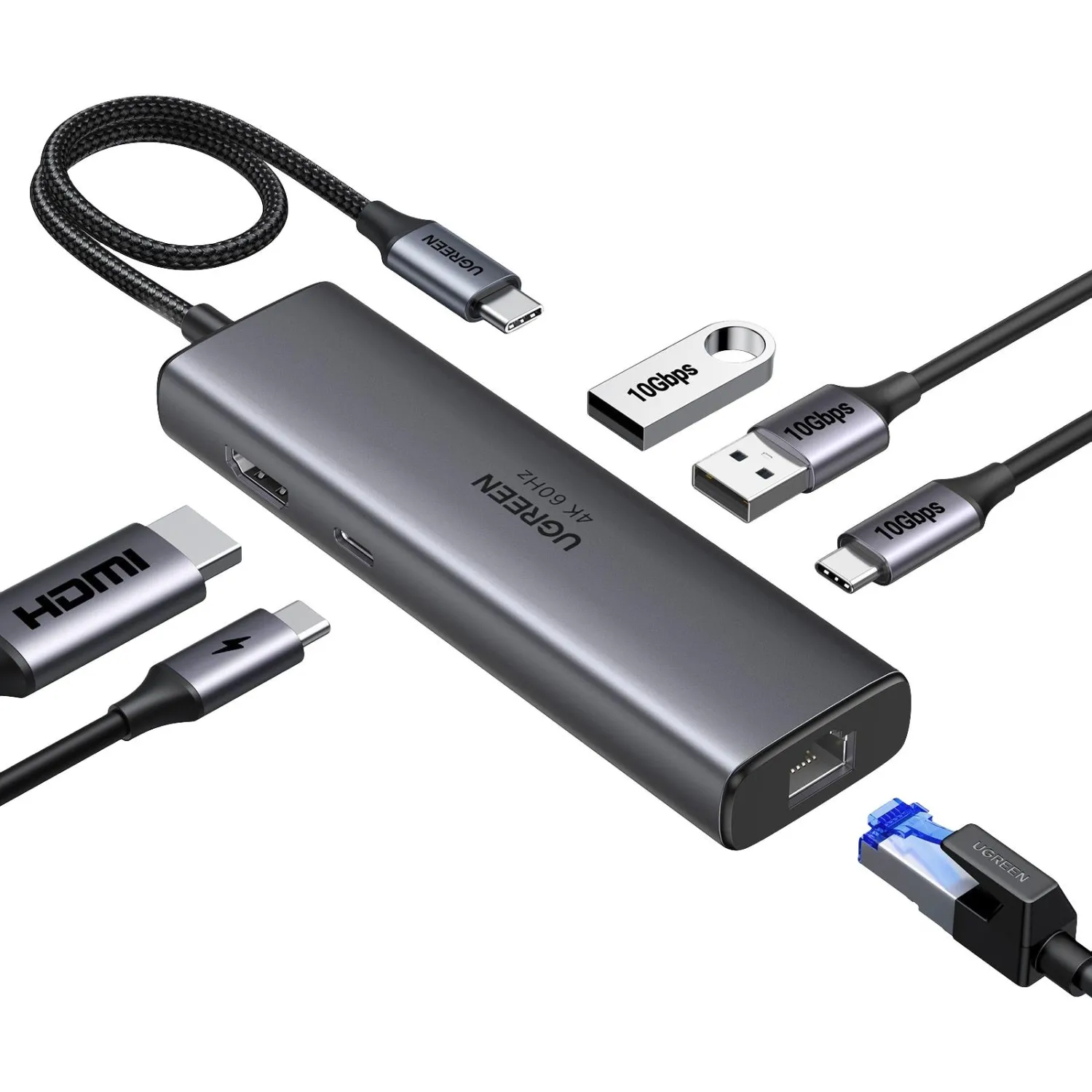 Разветвитель USB UGREEN CM512(45000)USB-C to HDMI/2xUSB-A/USB-C/RJ45/PD ср - фото 2