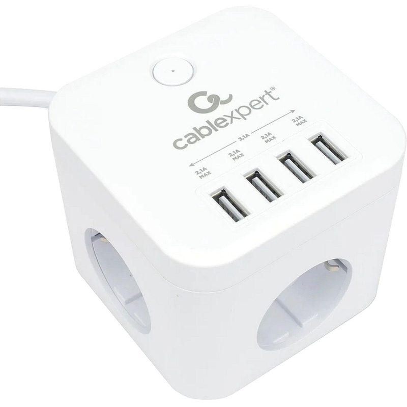 Сетевой фильтр Cablexpert Cube 3р/1,5м, 10А, 4хUSB, белый(CUBE-3-U4-W-1.5) - фото 1