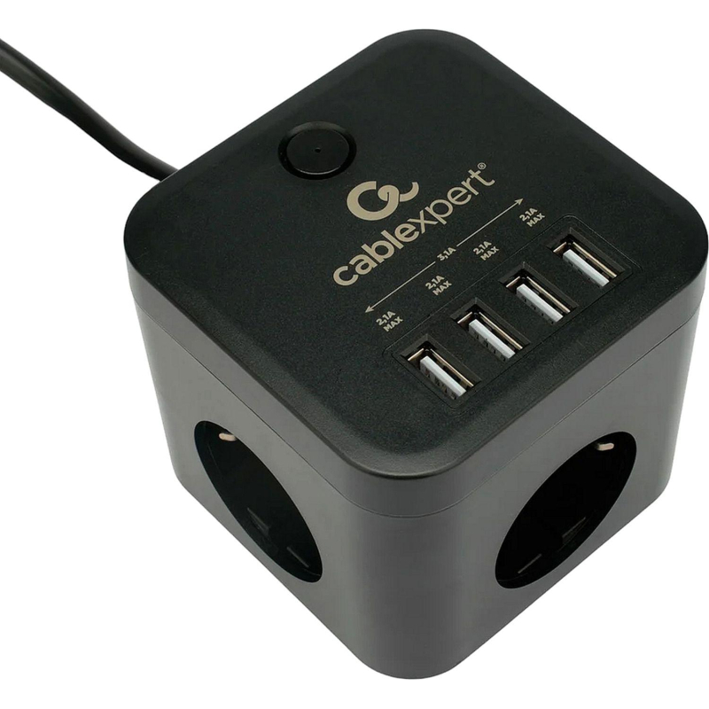 Сетевой фильтр Cablexpert Cube 3р/1,5м, 10А, 4хUSB, черный(CUBE-3-U4-B-1.5) - фото 1
