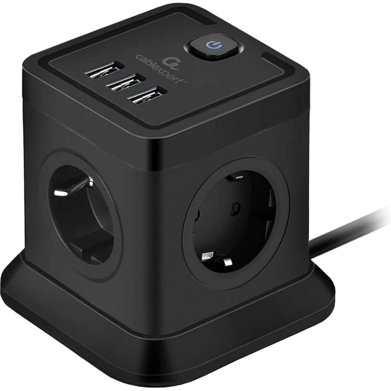 Сетевой фильтр Cablexpert Tower 4р/2м, 10А, 3xUSB, черный(TWR-4-U3-B-2) - фото 1