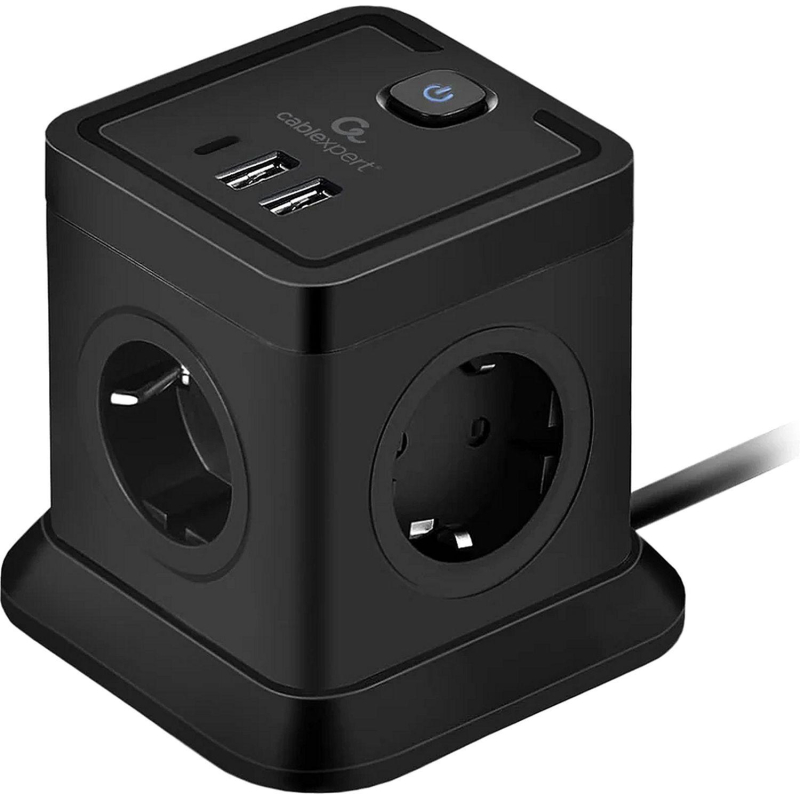 Сетевой фильтр Cablexpert Tower 4р/2м, 10А, 2хUSB, черный(TWR-4-CU2-B-2) - фото 1