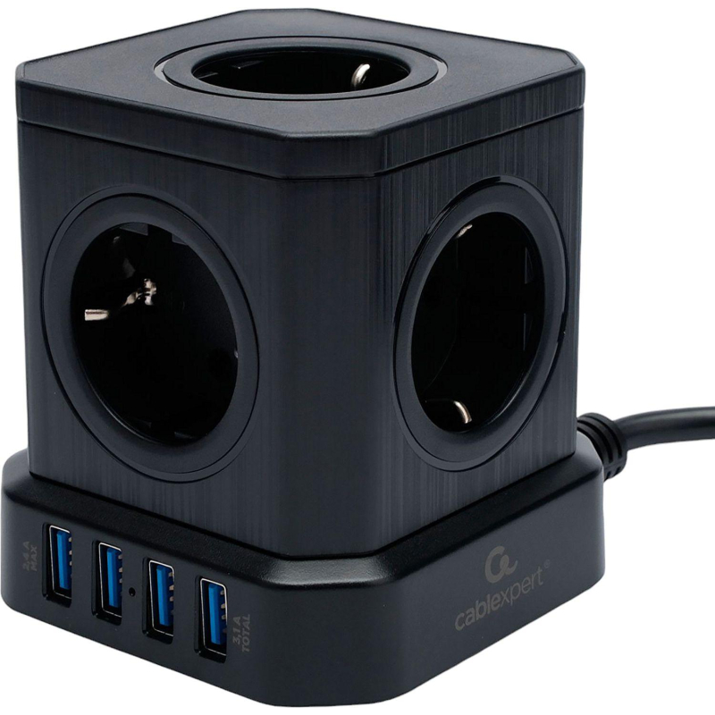 Сетевой фильтр Cablexpert Tower 5р/3м, 10А, 4хUSB, черный(TWR-5-U4-B-3) - фото 1