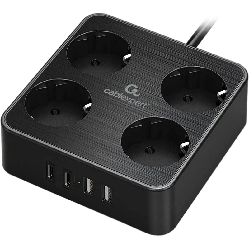Сетевой фильтр Cablexpert Plate 4р/2м, 10А, 2xUSB, черный(PLT-4-C2U2-B-2) - фото 1