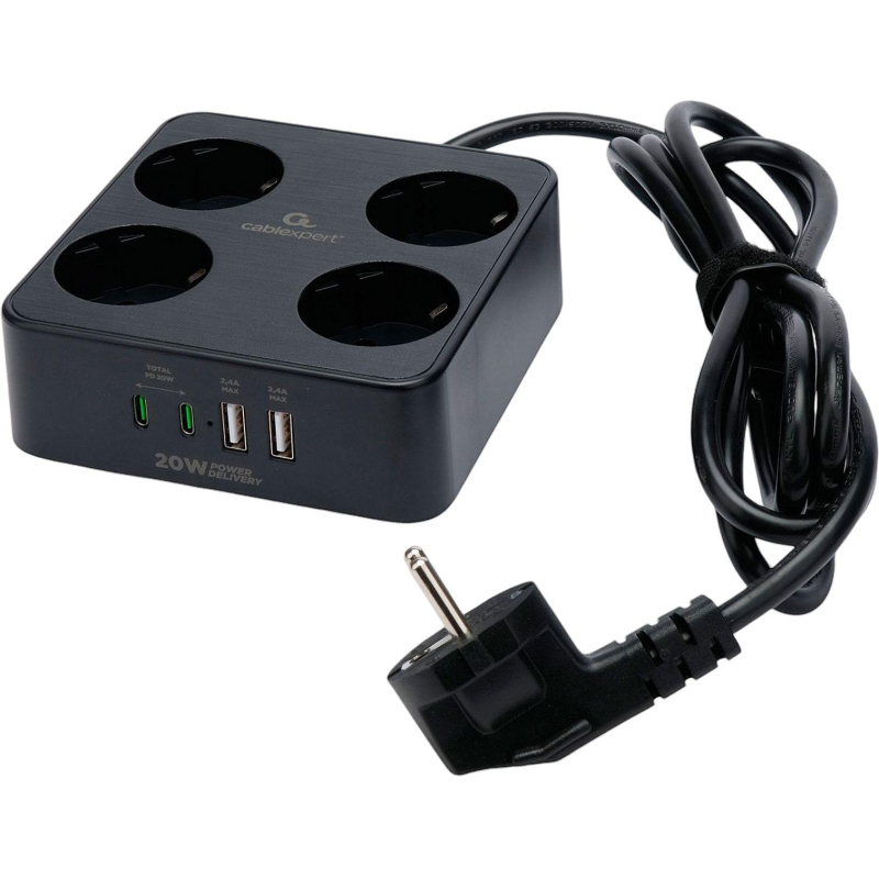 Сетевой фильтр Cablexpert Plate 4р/2м, 10А, 2xUSB, черный(PLT-4-C2U2-B-2) - фото 2