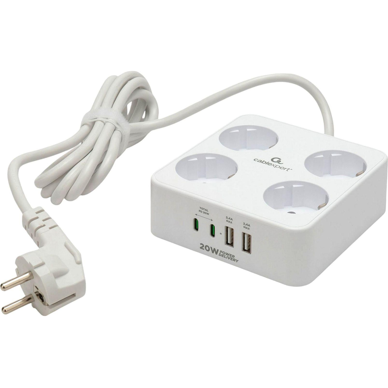 Сетевой фильтр Cablexpert Plate 4р/2м, 10А, 2xUSB, белый(PLT-4-C2U2-W-2) - фото 2