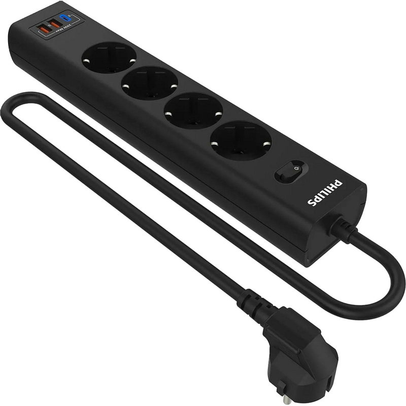 Сетевой фильтр Philips CHP4346BA/51 4р/2м с USB, 10А, черный - фото 1