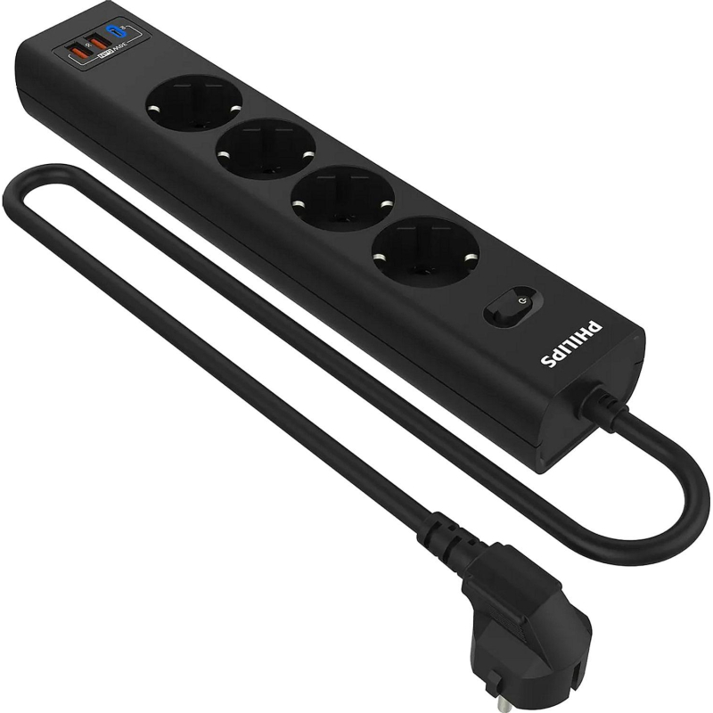 Сетевой фильтр Philips CHP8246BA/51 4р/2м с USB, 10А, черный - фото 1