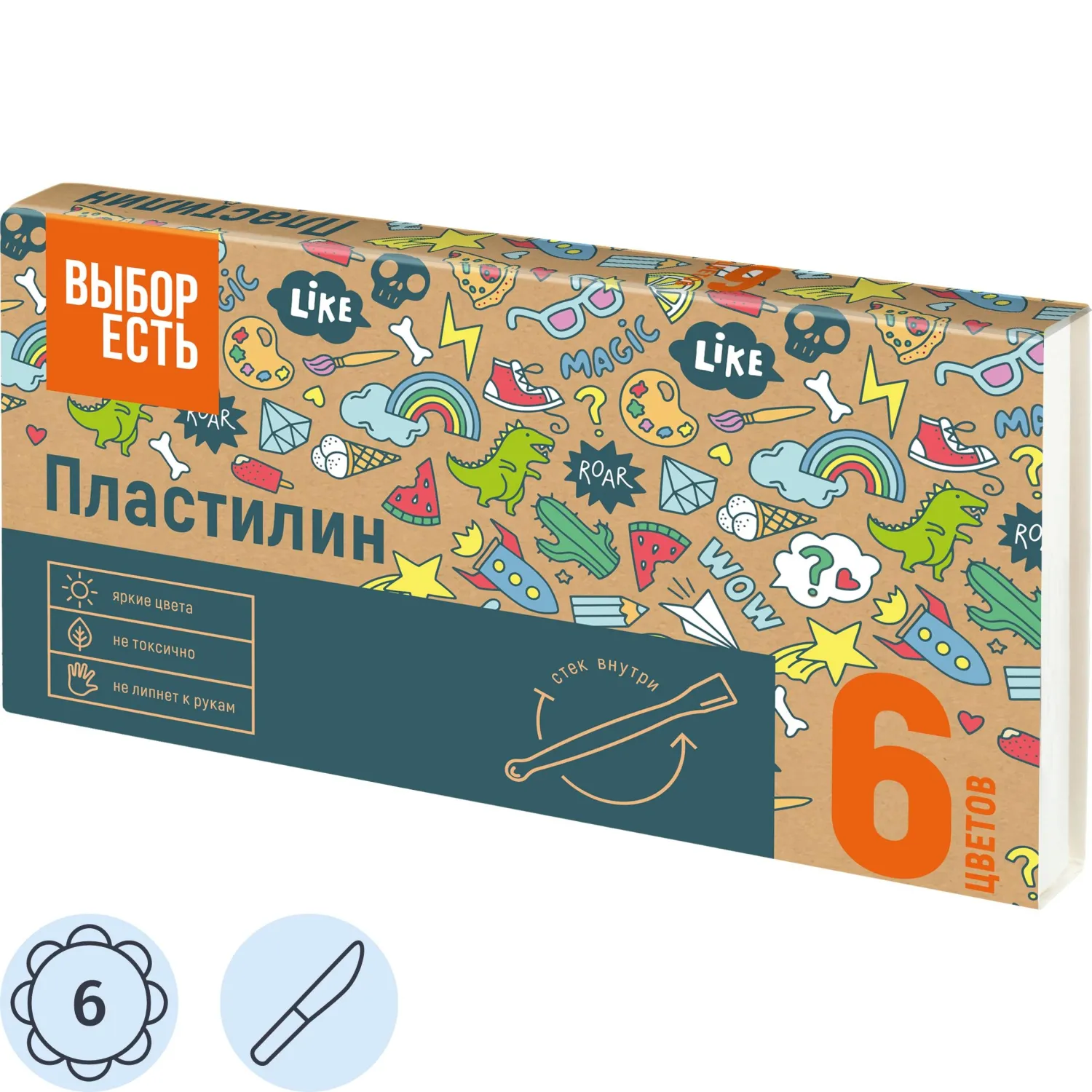 Пластилин классический Выбор Есть 6 цв.90 гр, набор со стеком - фото 1