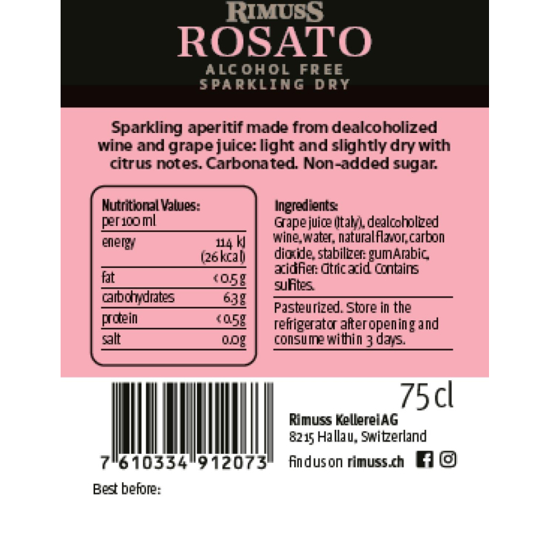 Шампанское безалкогольное Rimuss ROSATO розовое сухое, Швейцария, 750 мл - фото 2