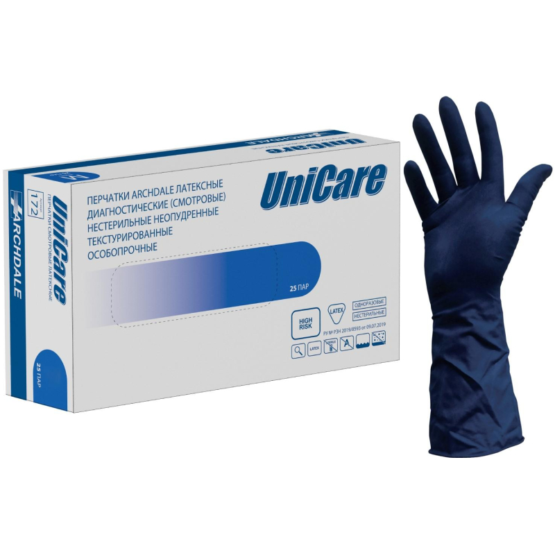 Перчатки латексные н/с, н/о UNICARE р.XL (25пар/уп),ПС - фото 1