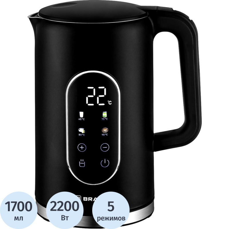 Чайник BRAYER 6107BR-BK,электрический,2200Вт,1,7л,Cool Touch,cенсор упр - фото 1