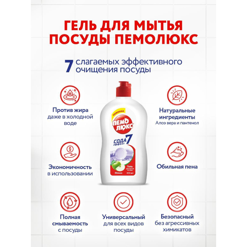 Средство для мытья посуды ПЕМОЛЮКС Яблоко 450гр - фото 5