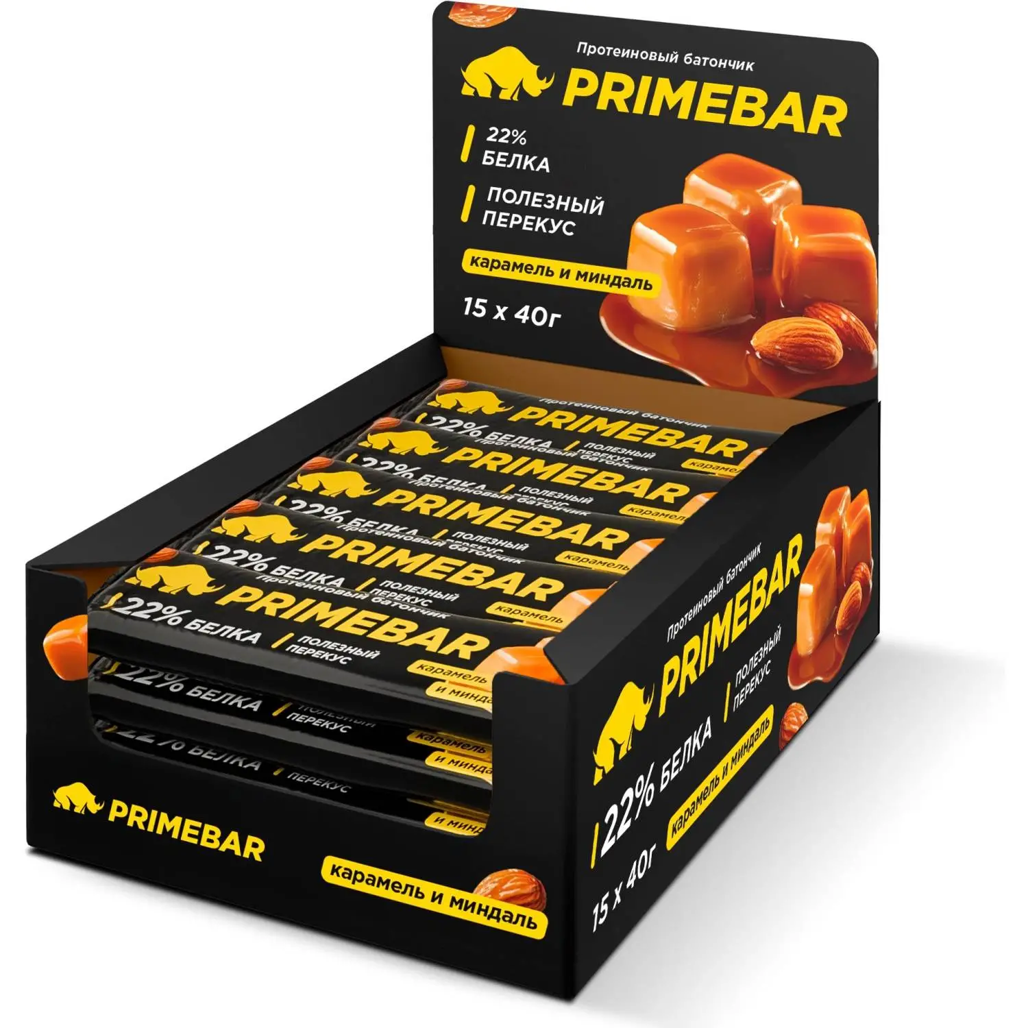 Батончик с содерж протеина PRIMEBAR глазир со вкус Карам и минд 40гx15шт/уп - фото 1