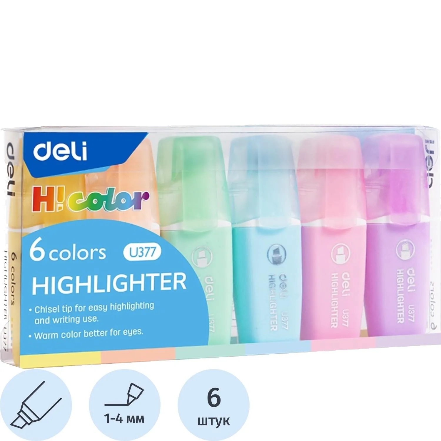 Набор текстовыделителей мини Deli 1-4 мм, скош.нак.,6цв, пастельн. EU377 - фото 1