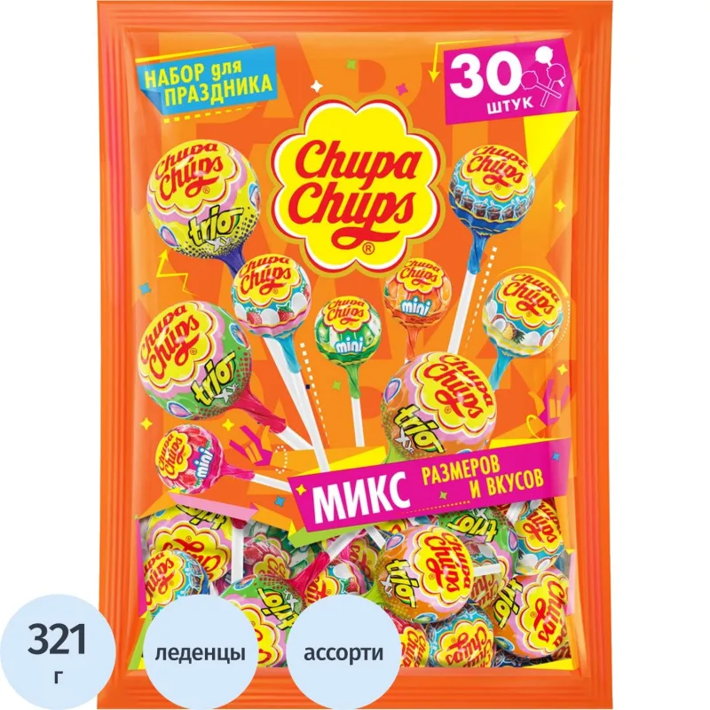 Карамель Chupa Chups PARTY PACK ассорти микс размеров и вкусов, пакет 321г - фото 1