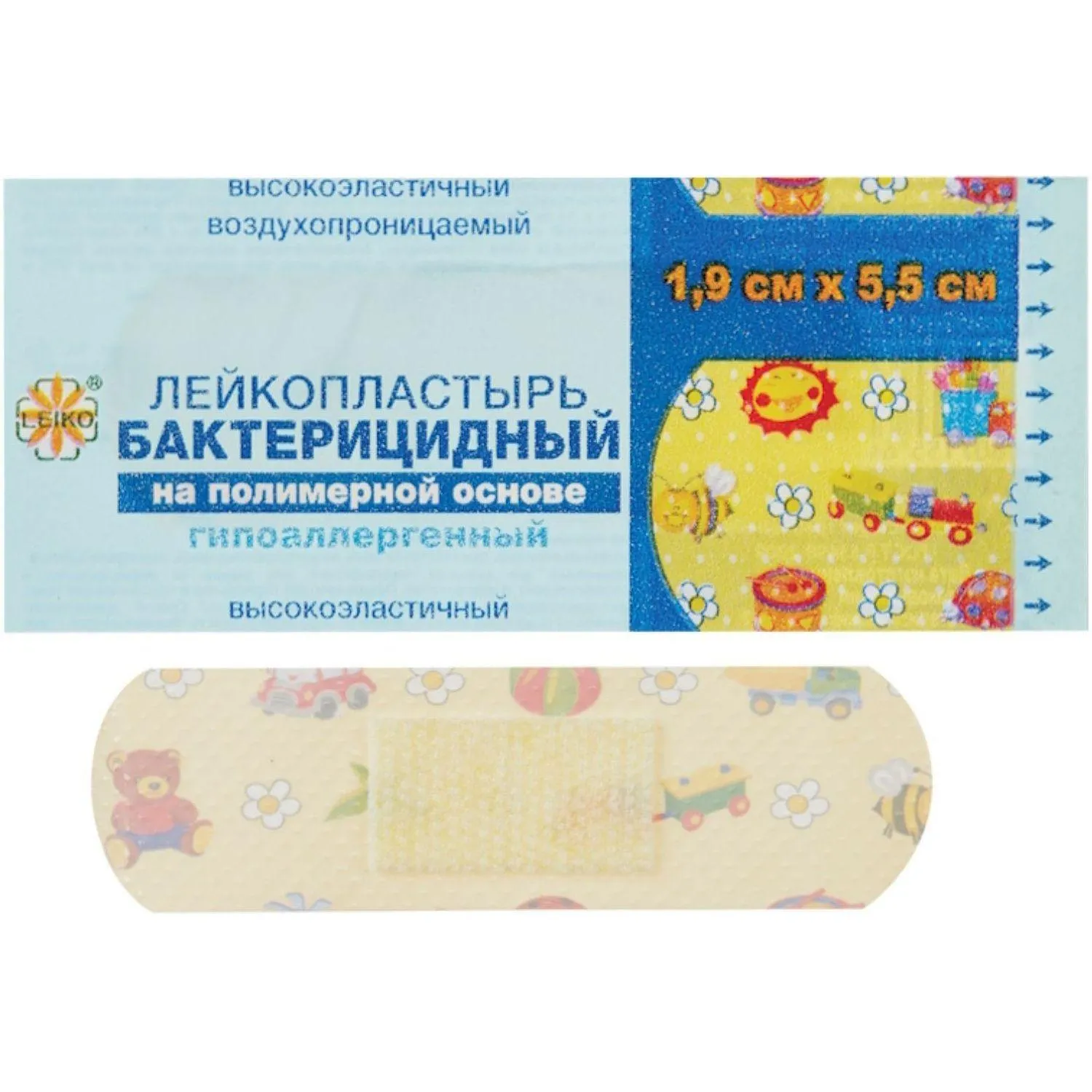 Лейкопластырь бакт. 1,9х5,5см полимерный с рисунком LEIKO, 1000 шт/уп - фото 2