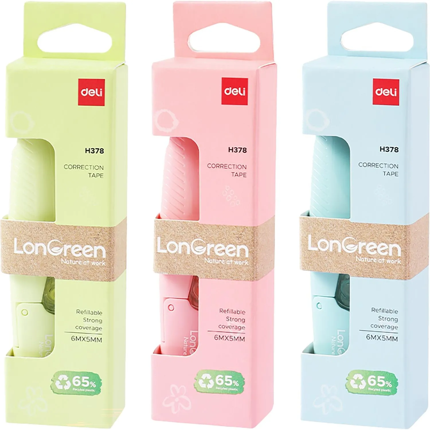 Корректирующая лента Deli LonGreen EH378,5мм х 6м, 65% PCR, 3цв в асс - фото 4