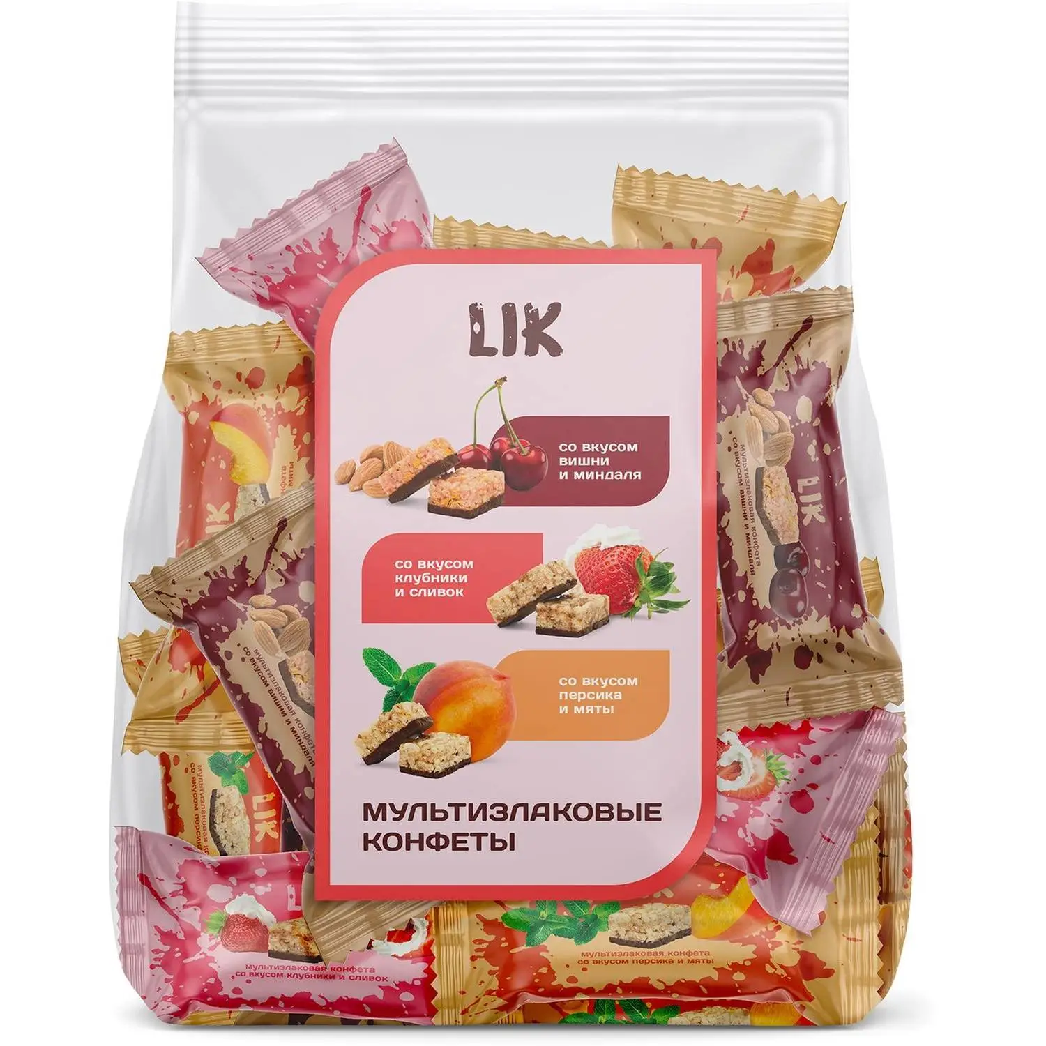 Конфеты мультизлаковые LIK ас в глазур (клуб/слив, виш/минд, перс/мят),250г - фото 1