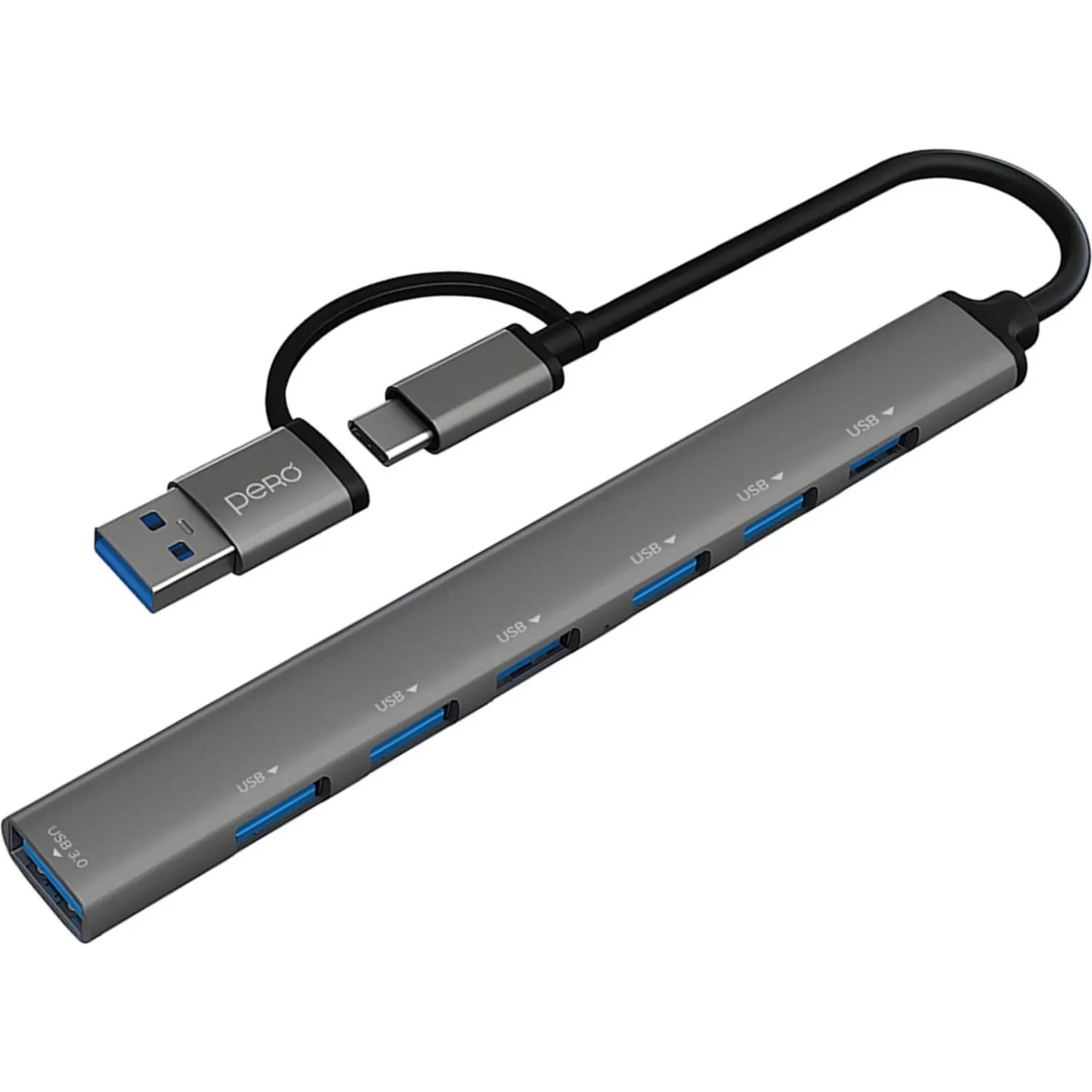 Разветвитель USB PERO MH04, USB-С/USB-A TO USB 3.0 + 6xUSB 2.0, серый - фото 1