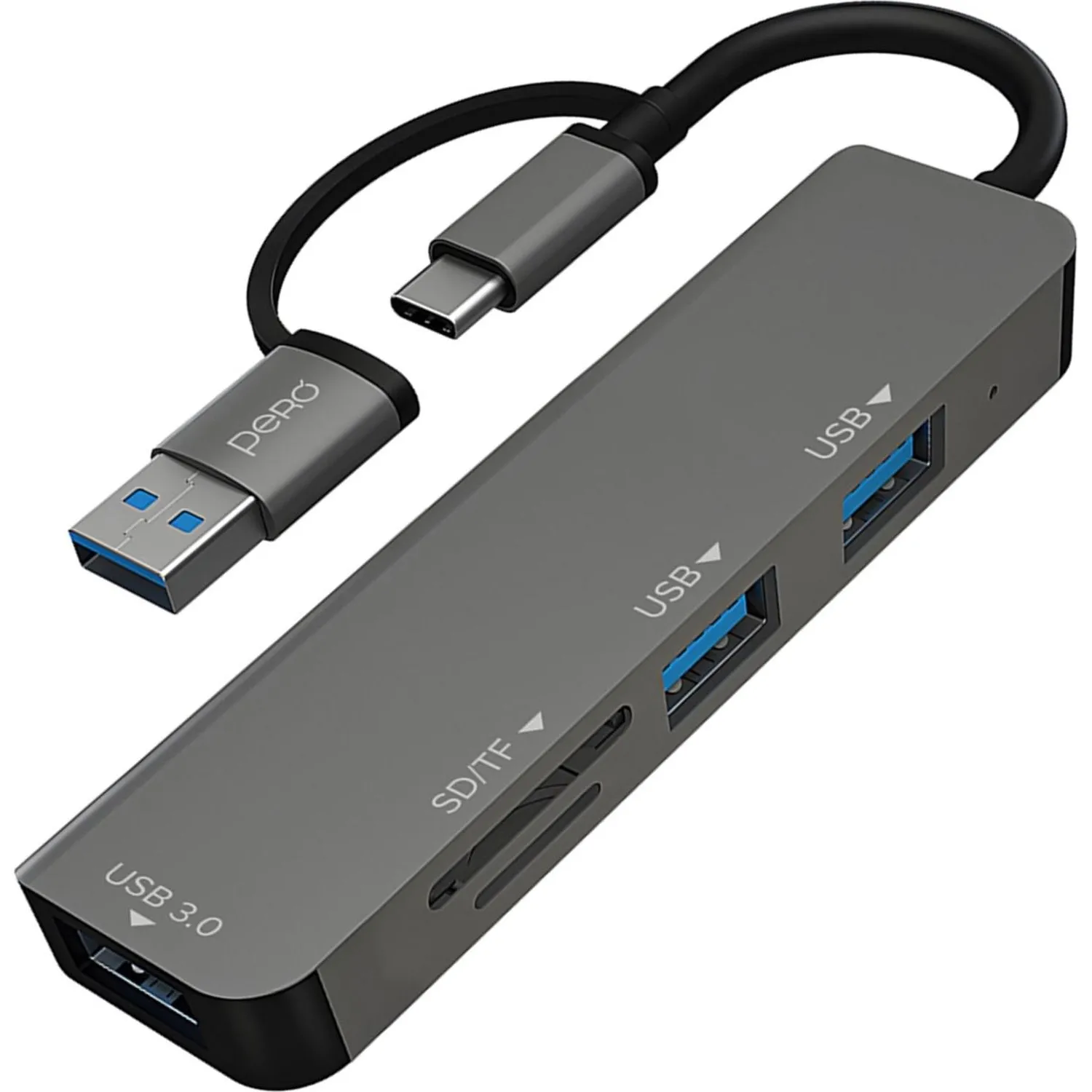 Разветвитель USB PERO MH05 USB-С/A TO SD+TF+USB 3.0+2xUSB 2.0 серый - фото 1