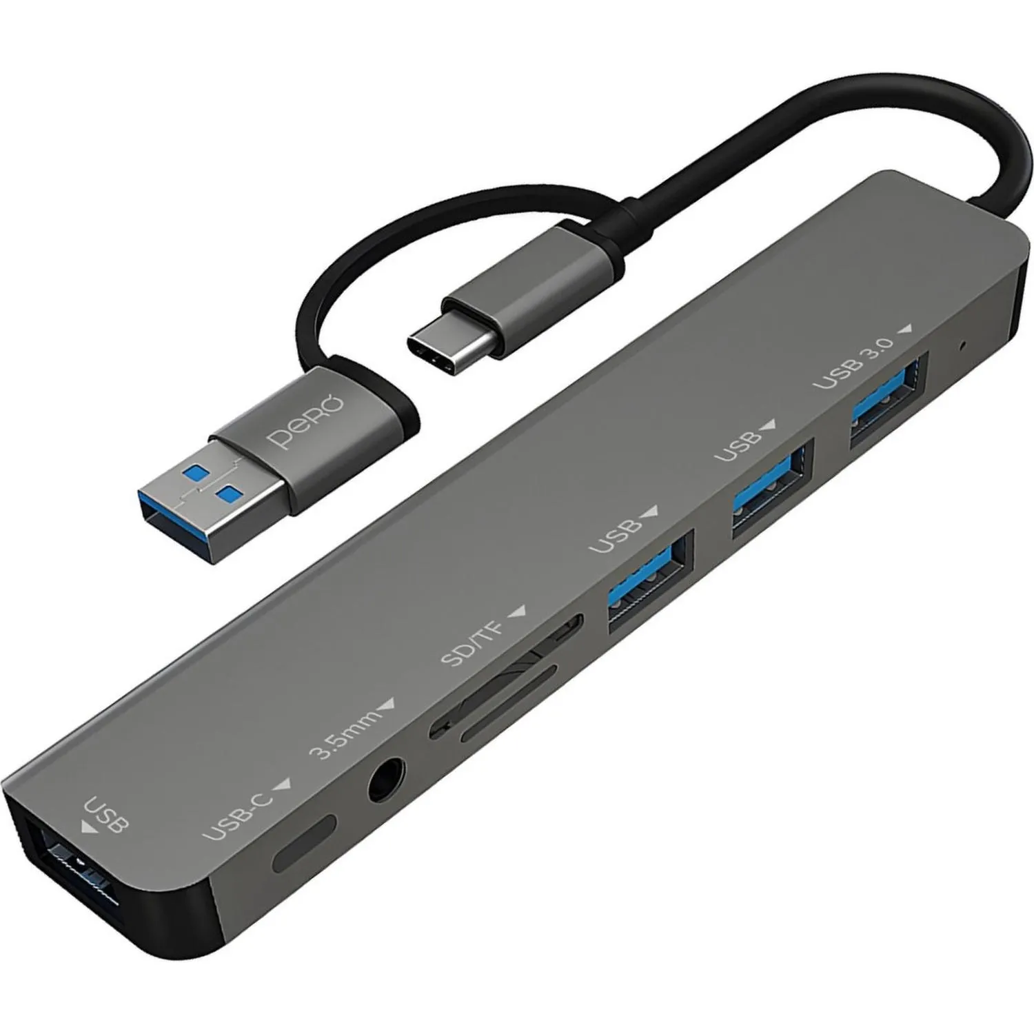 Разветвитель USB PERO MH07 USB-С/A TO SD+TF+3.5MM+USB-C+USB 3.0+3USB2.0,сер - фото 1