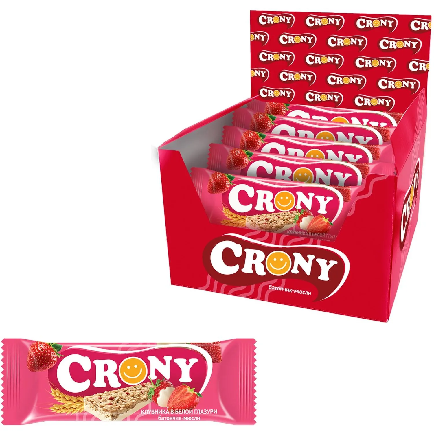 Батончик мюсли CRONY Клубника в белой глазури. 50гх12шт/уп - фото 1