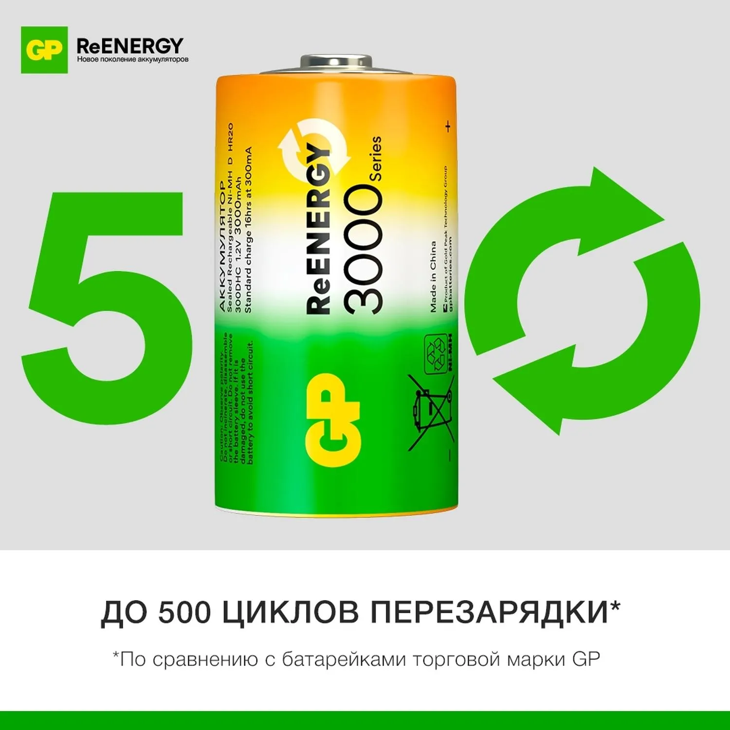 Аккумулятор GP 3000mAh D 300DHCRGY-2CRCB2 Ni-Mh 2шт/уп - фото 7