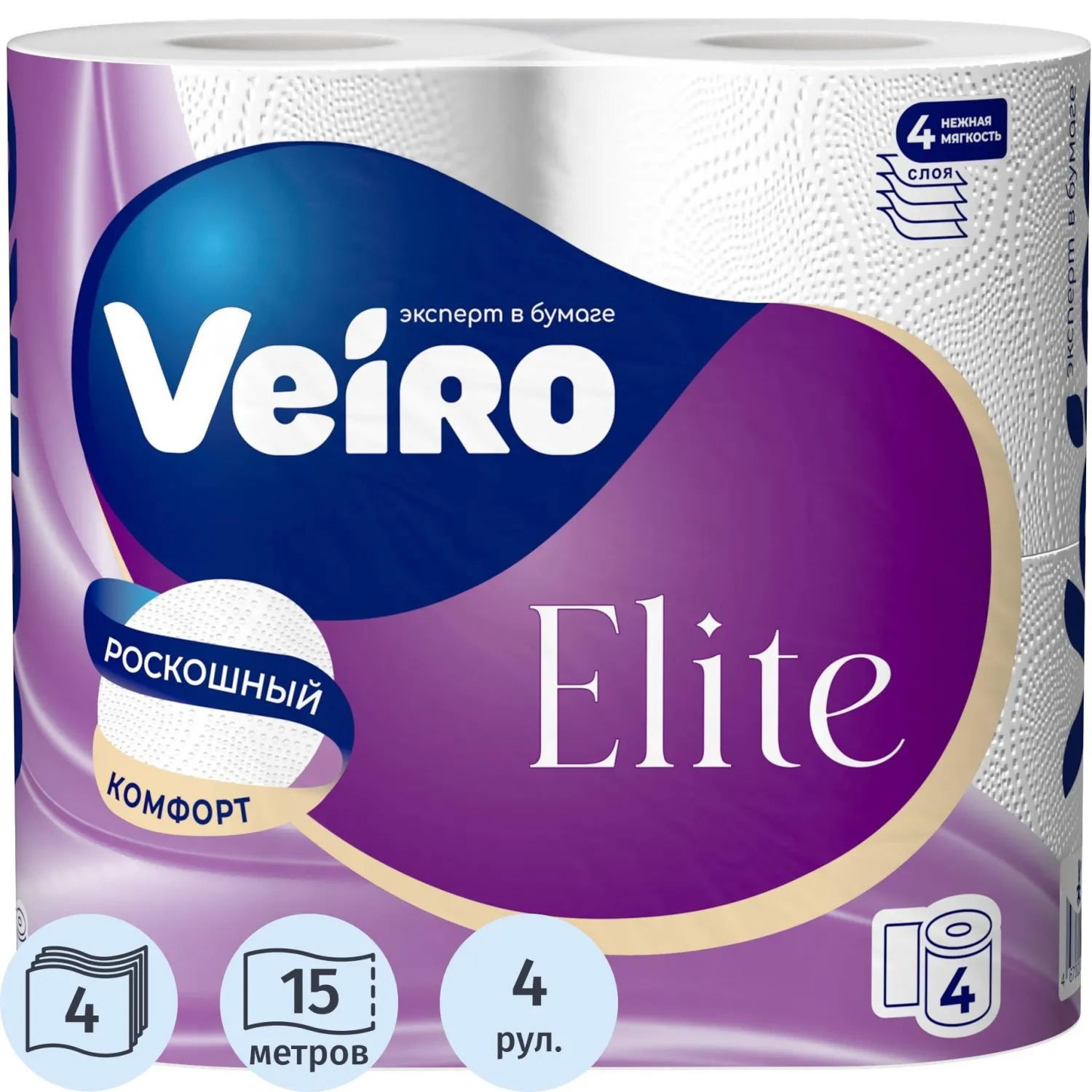 Бумага туалетная Veiro Elite бел перв цел 15м 4сл 4рул/уп - фото 1