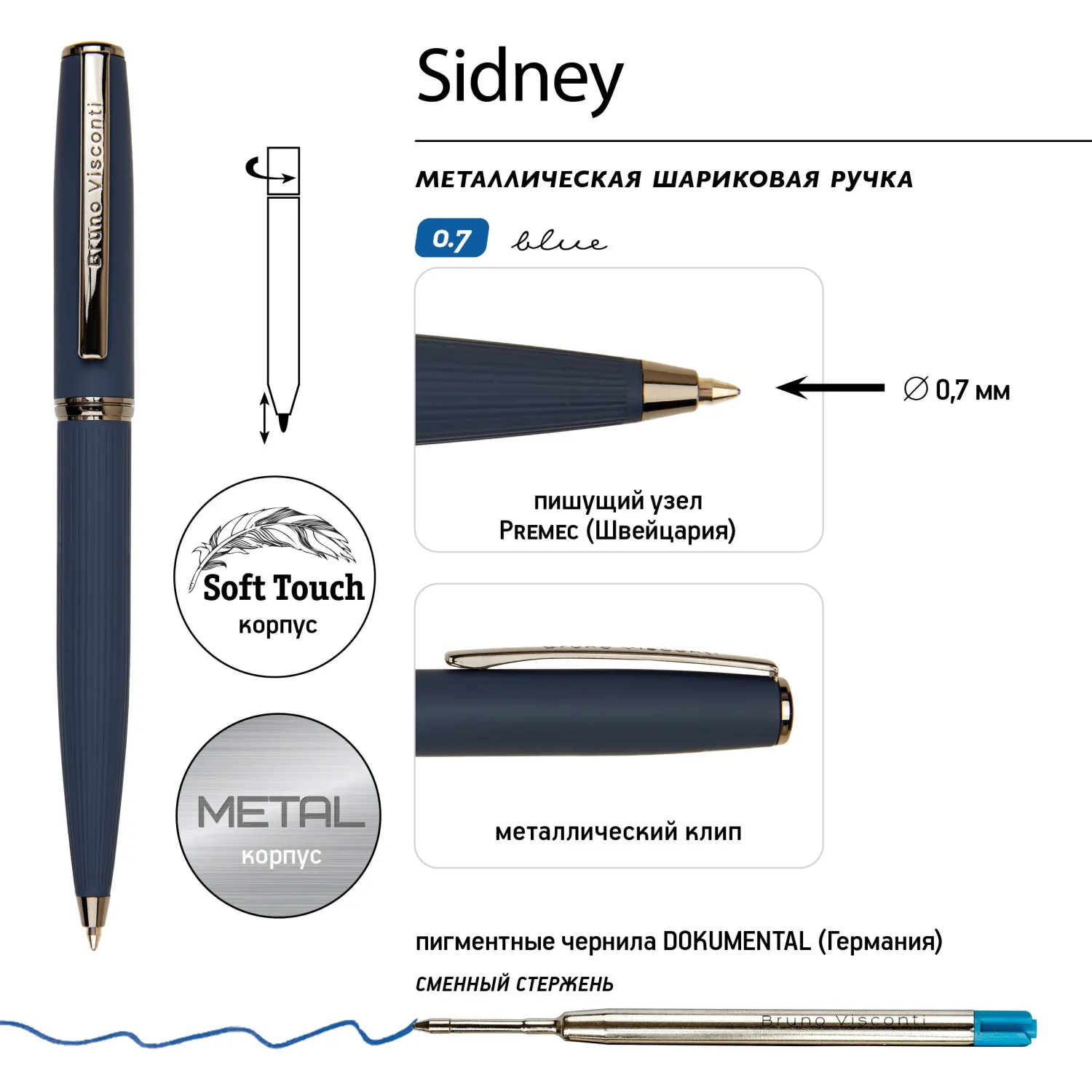 Ручка шариковая  SIDNEY 0.7мм,син,корп.син, футляр черный,20-0361/09 - фото 3