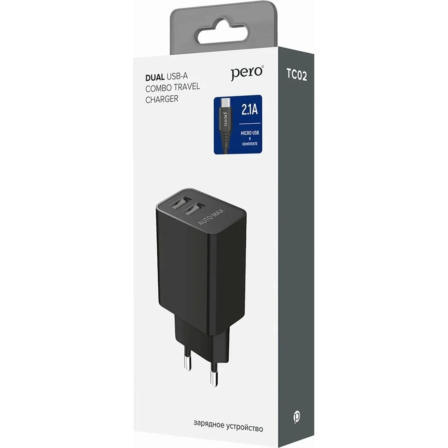 Зарядное устройство сет. PERO TC02 2USB 2.1A c каб. Type-C в компл. черный - фото 2