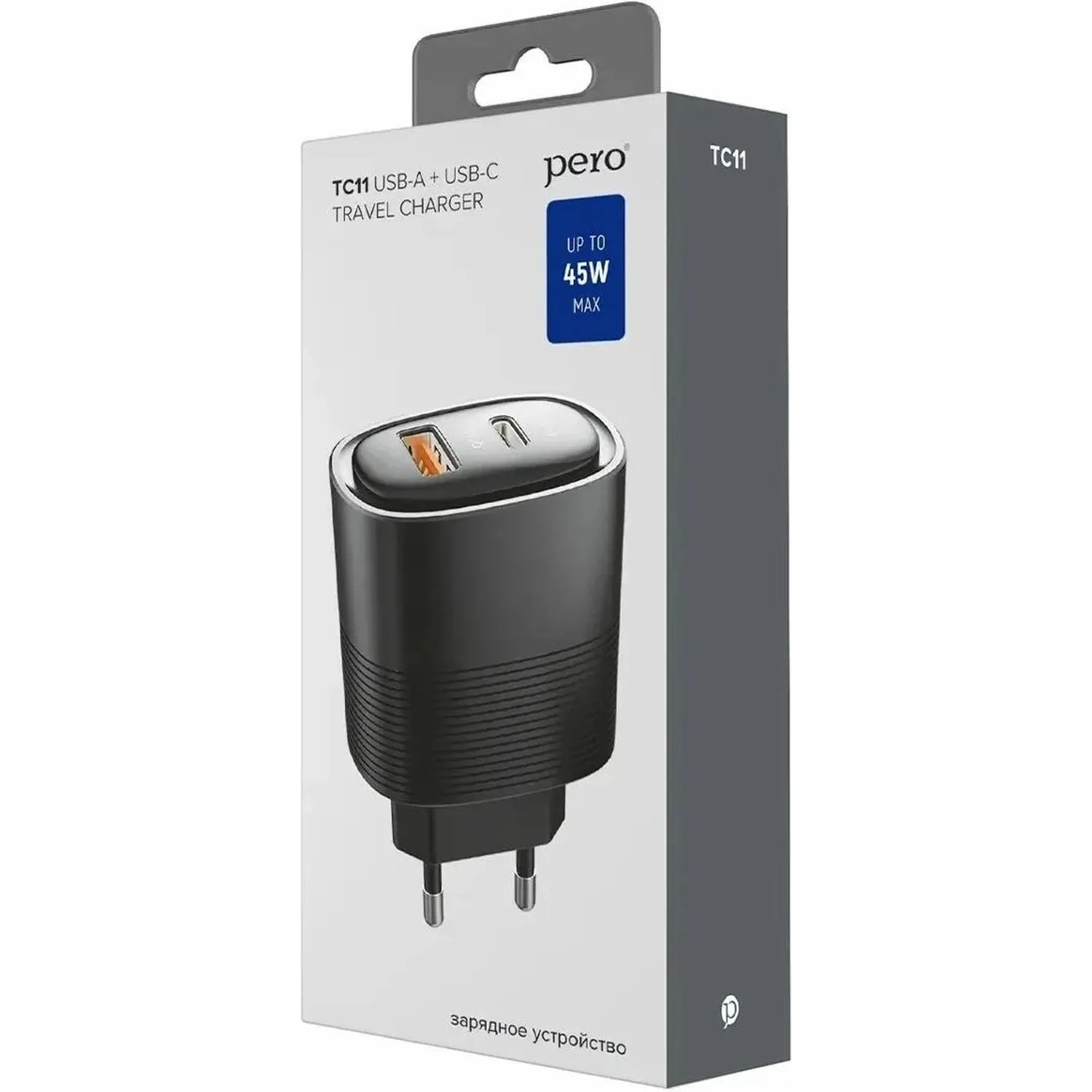 Зарядное устройство сет. PERO TC11 USB-A QC3.0 + USB-C PD, 45W черный - фото 2