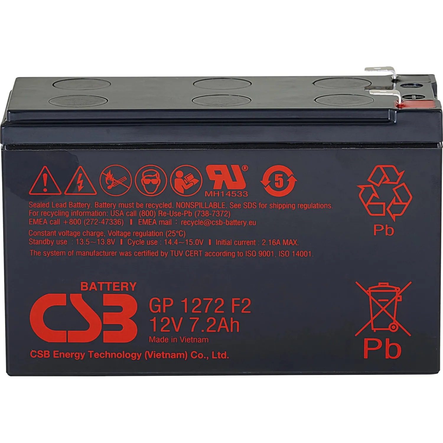 Батарея для ИБП CSB серия GP, GP1272 F2 CSB, 12В/7.2Ач, клеммы F2 - фото 2
