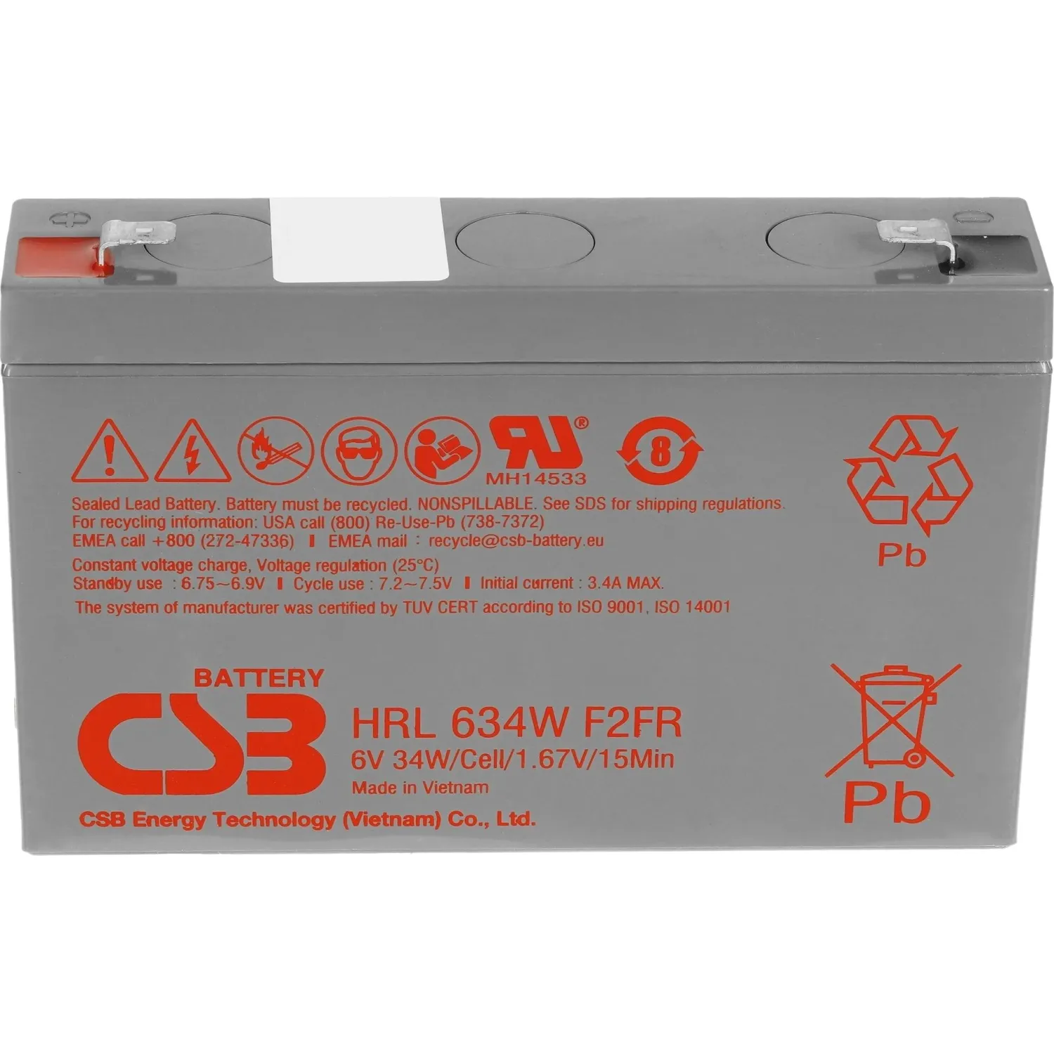Батарея для ИБП CSB серия HRL, HRL634W F2 FR CSB, 6В/8.5Ач - фото 2