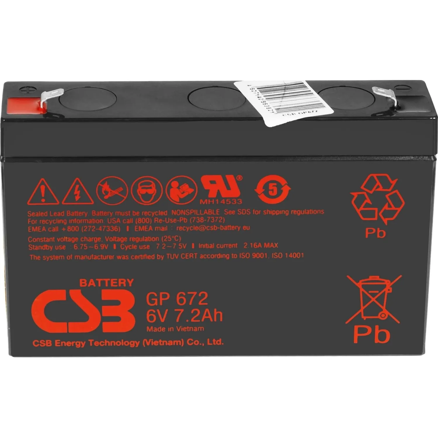Батарея для ИБП CSB серия GP, GP672 CSB, 6В/7.2Ач, клеммы F1/F2 - фото 2