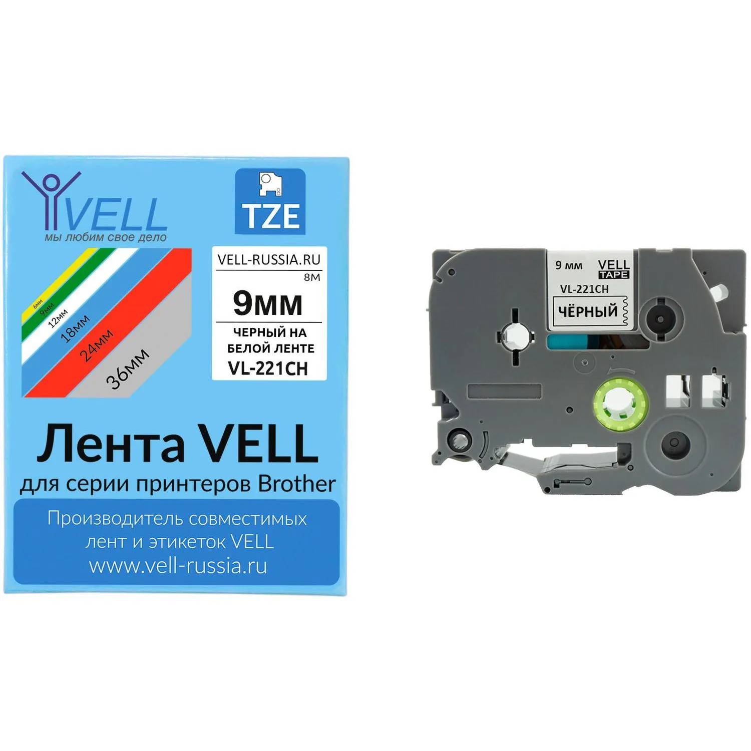 Картридж -лента Vell VL-221CH(с чип.9мм,чер.на бел.)для Puty {Vell-221CH - фото 1