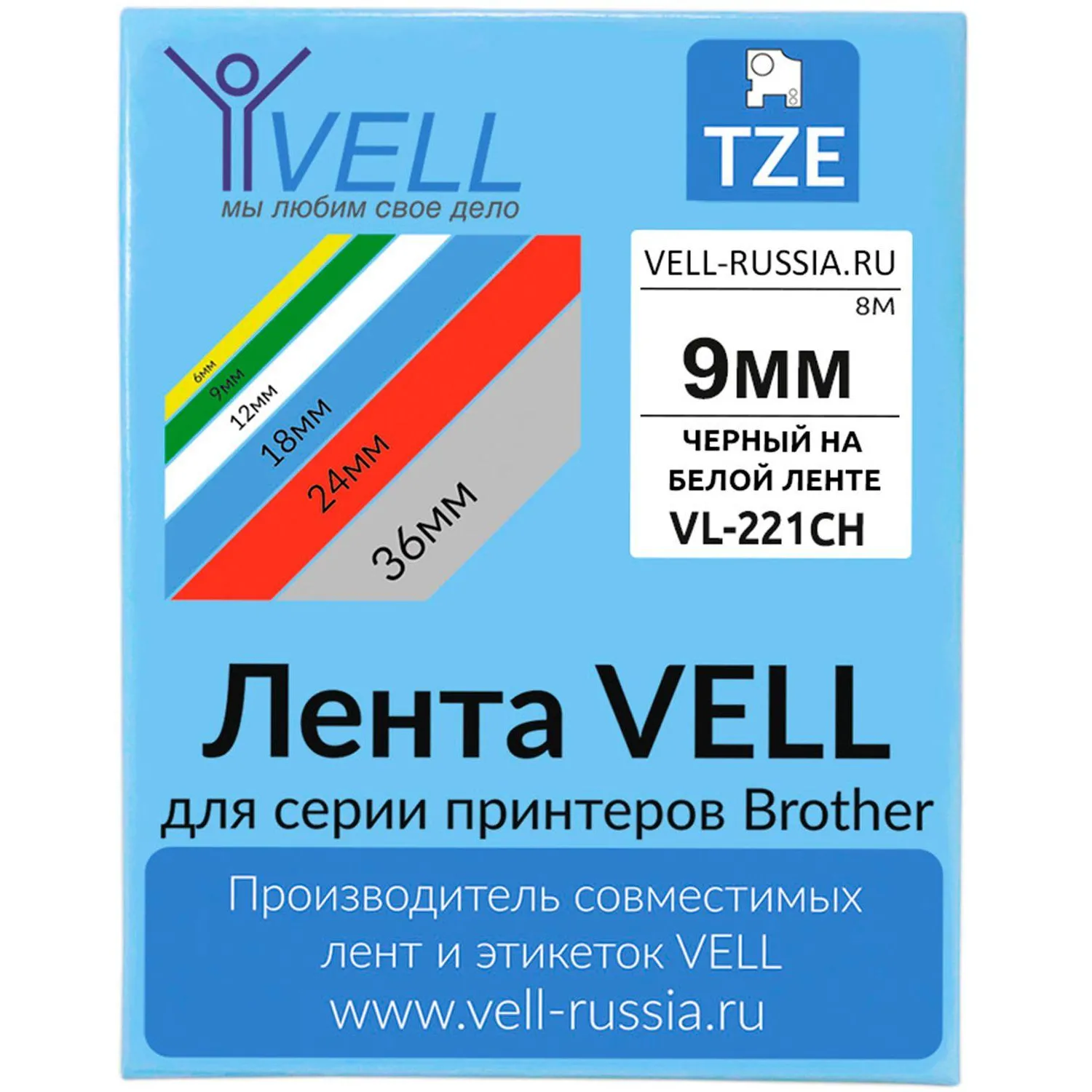 Картридж -лента Vell VL-221CH(с чип.9мм,чер.на бел.)для Puty {Vell-221CH - фото 3
