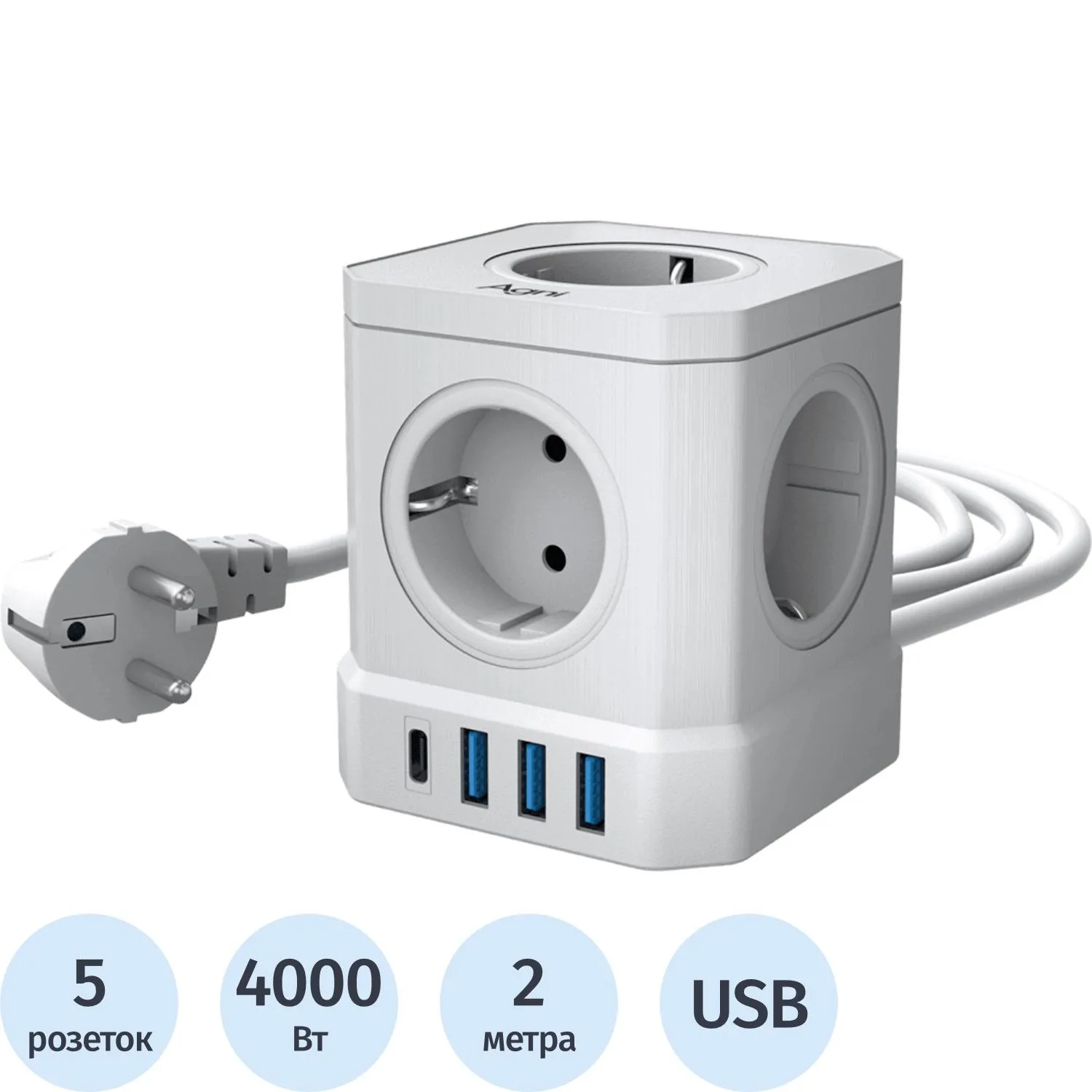 Сетевой фильтр AGNI  5р/2м,3USB 1TYPE-C,белый(TP-VE4U5E-C-2m-white) - фото 1