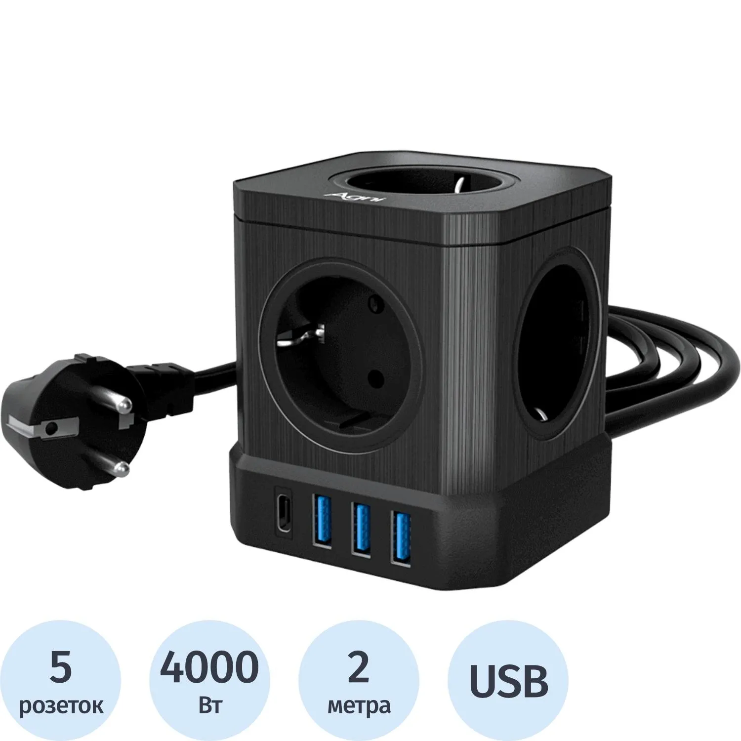 Сетевой фильтр AGNI  5р/2м,3USB 1TYPE-C,черный(TP-VE4U5E-C-2m-black) - фото 1