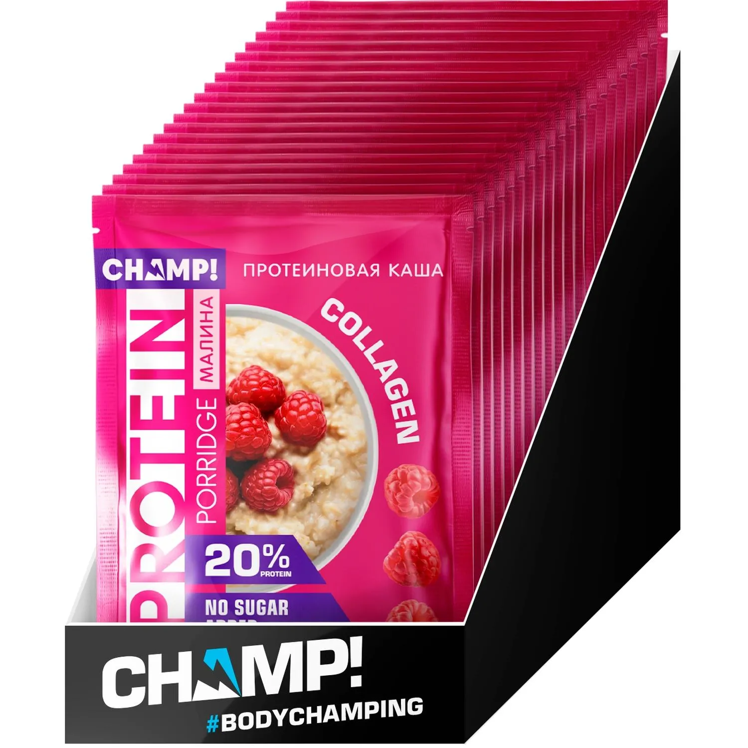 Каша протеиновая CHAMP!  овсяная со льном малина пакет 40г x10шт/уп - фото 1