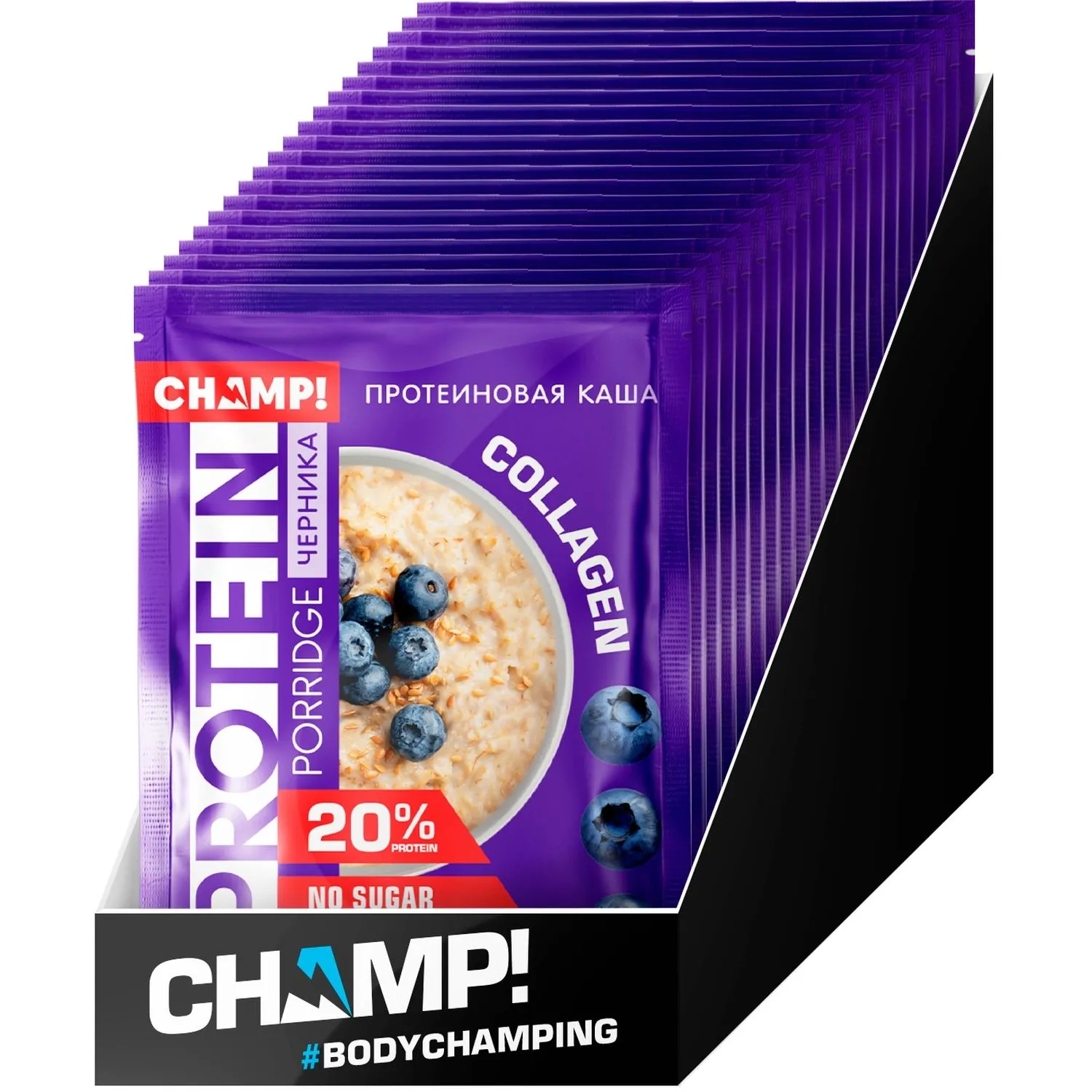 Каша протеиновая CHAMP! овсяная со льном черника пакет 40г x10шт/уп - фото 1