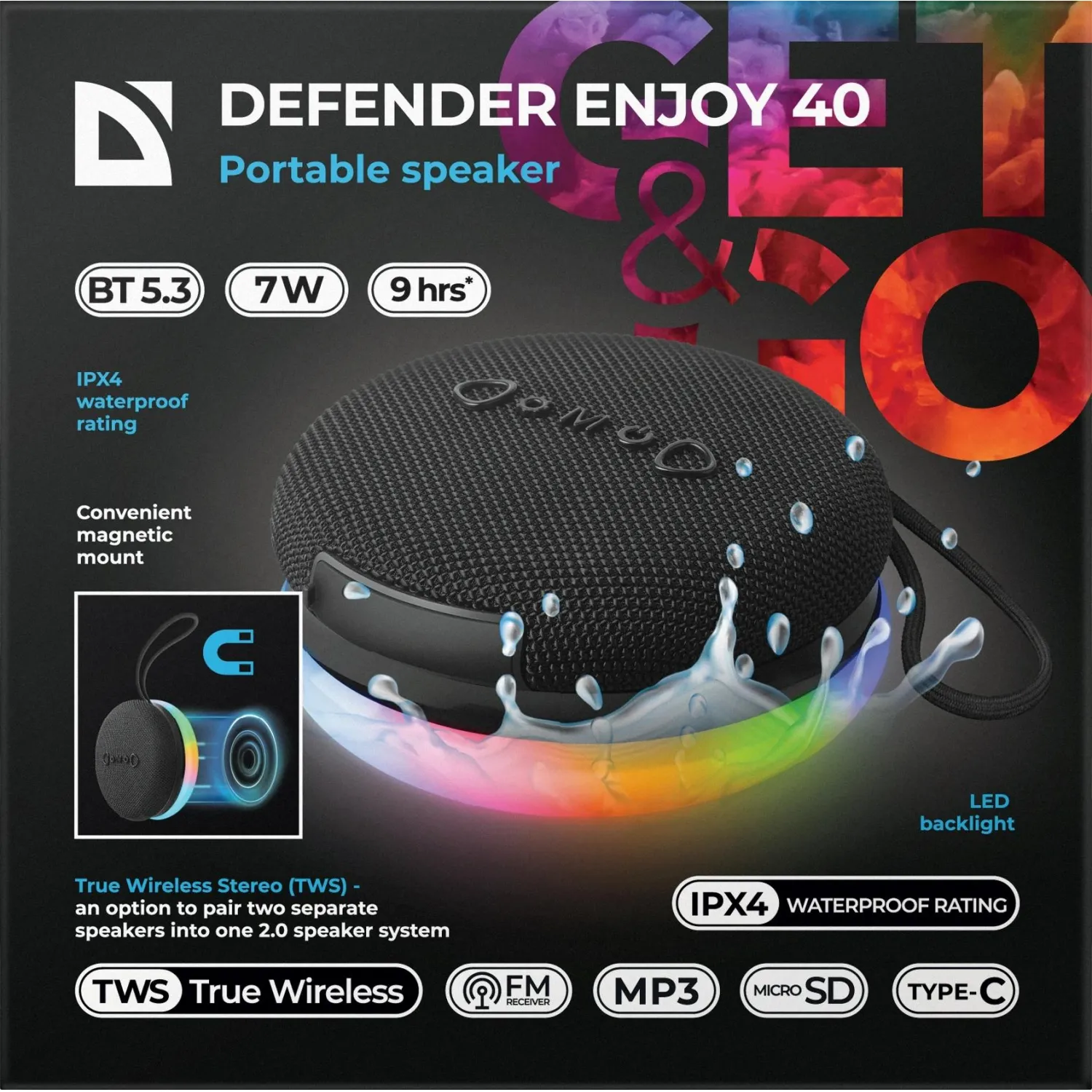Портативная акустика Defender Enjoy 40, 7Вт, Magnet/BT/IPX4/FM/TF/TWS - фото 7