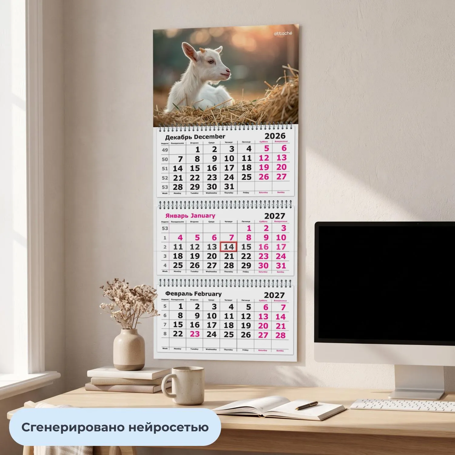 Календарь настенный 3-х блочный 2027 Attache Символ года Коза 2 305х675мм - фото 4
