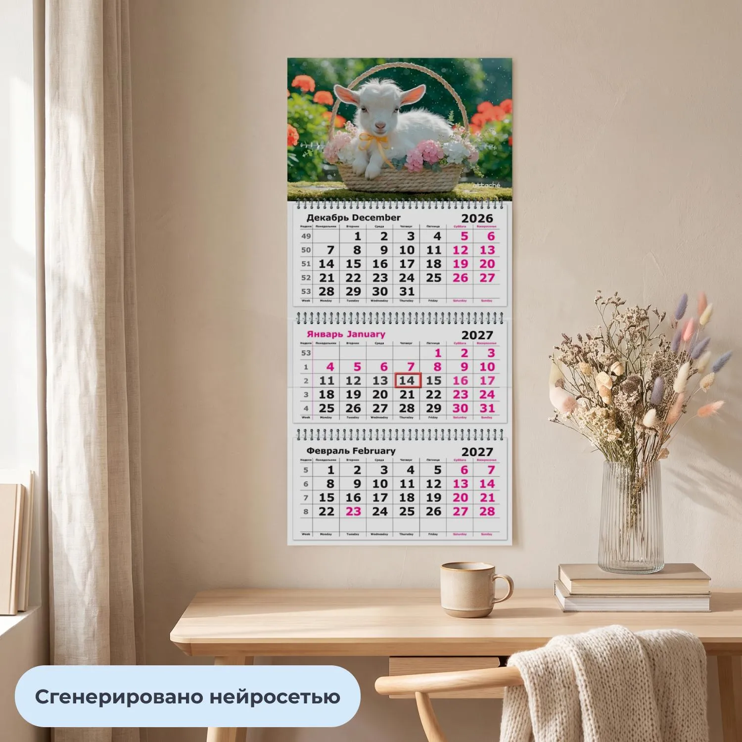 Календарь настенный 3-х блочный 2027 Attache Символ года Коза 3 305х675мм - фото 4
